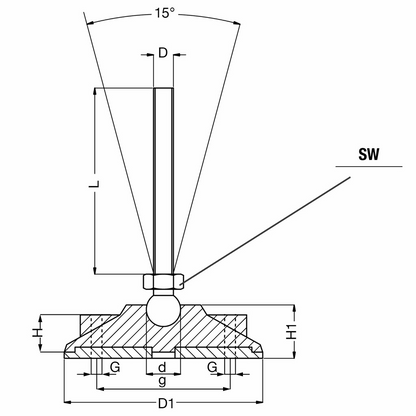 Piedino snodato inox senza antiscivolo 15° PD6ST